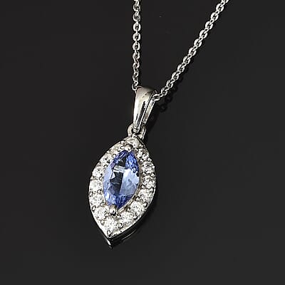 Tanzanite and Natural White Zircon Halo Pendant Necklace 20 Inches in Platinum Over Sterling Silver 1.15 ctw