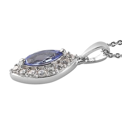 Tanzanite and Natural White Zircon Halo Pendant Necklace 20 Inches in Platinum Over Sterling Silver 1.15 ctw