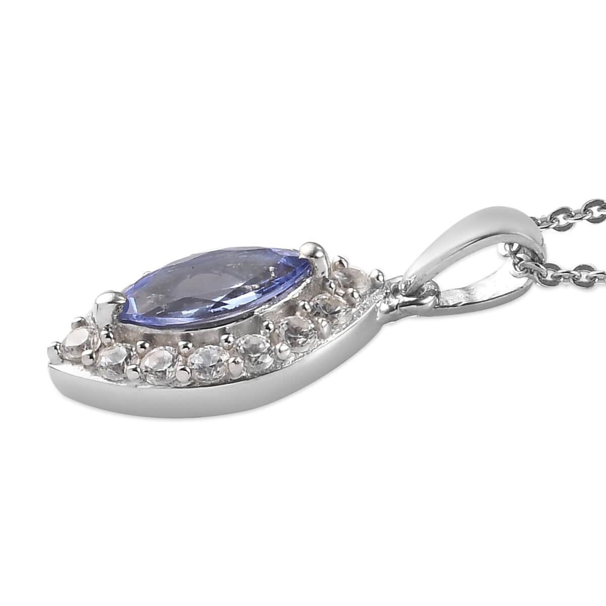 Tanzanite and Natural White Zircon Halo Pendant Necklace 20 Inches in Platinum Over Sterling Silver 1.15 ctw image number 3
