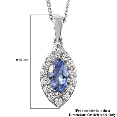 Tanzanite and Natural White Zircon Halo Pendant Necklace 20 Inches in Platinum Over Sterling Silver 1.15 ctw