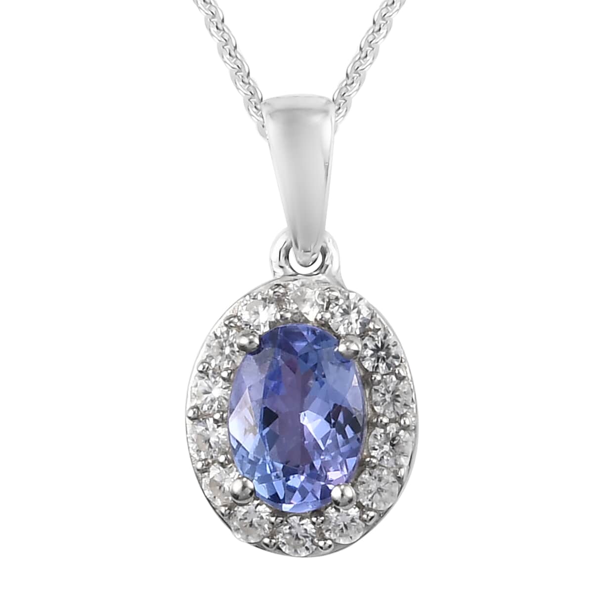 Tanzanite and Natural White Zircon Halo Pendant Necklace 20 Inches in Platinum Over Sterling Silver 1.10 ctw image number 0