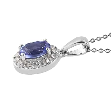 Tanzanite and Natural White Zircon Halo Pendant Necklace 20 Inches in Platinum Over Sterling Silver 1.10 ctw image number 3