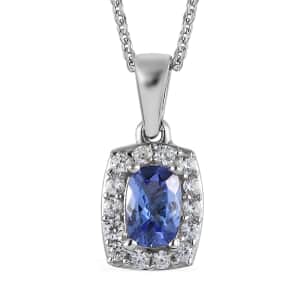 Tanzanite and White Zircon Halo Pendant Necklace 20 Inches in Platinum Over Sterling Silver 0.85 ctw
