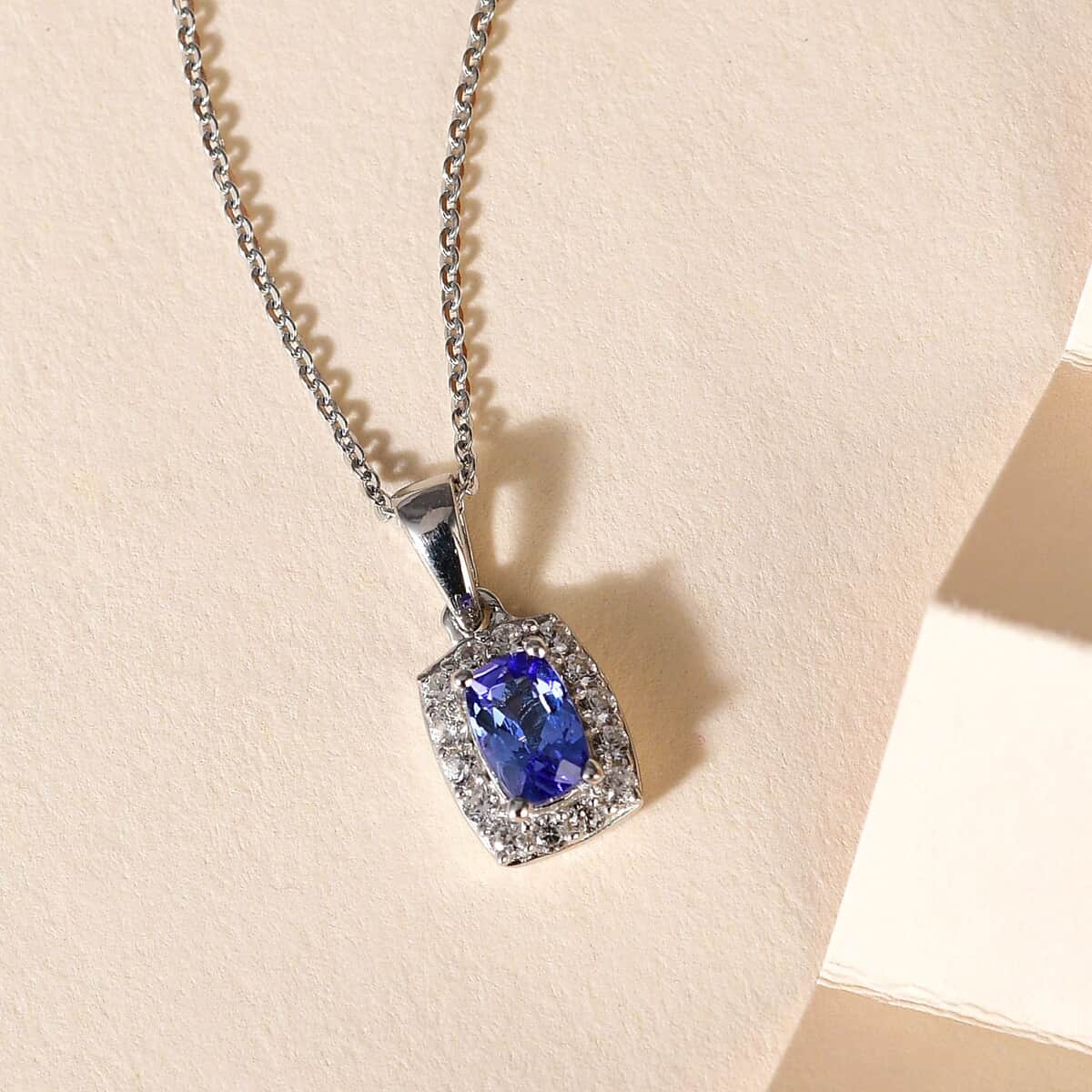 Tanzanite and White Zircon Halo Pendant Necklace 20 Inches in Platinum Over Sterling Silver 0.85 ctw image number 1