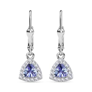 Tanzanite and White Zircon Lever Back Earrings in Platinum Over Sterling Silver 1.30 ctw