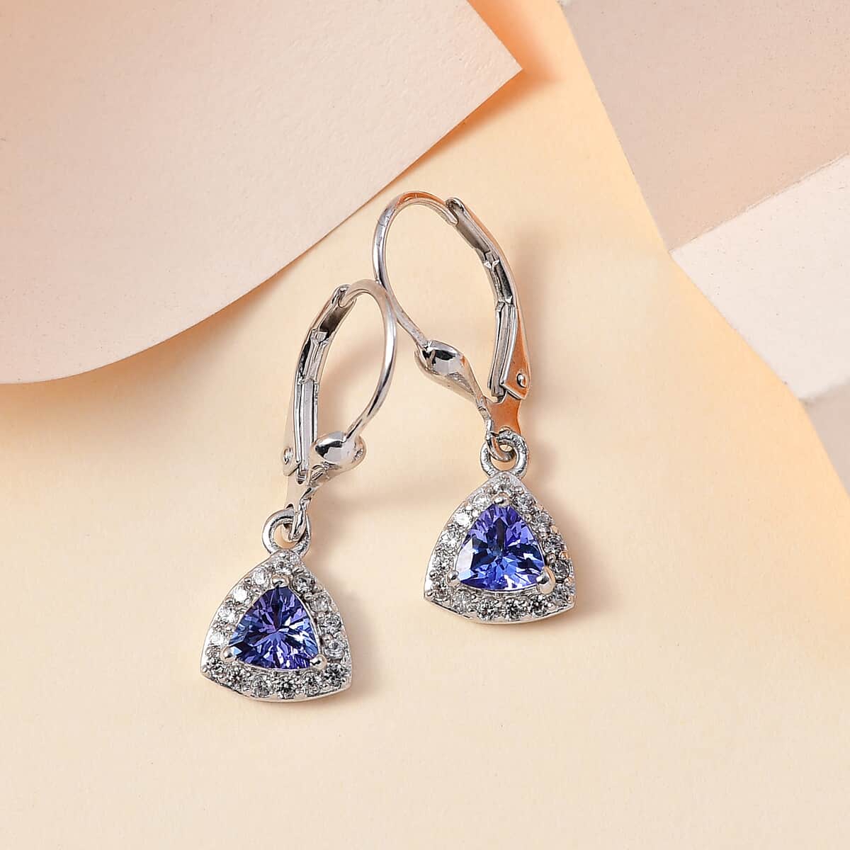 Tanzanite and White Zircon Lever Back Earrings in Platinum Over Sterling Silver 1.30 ctw image number 1