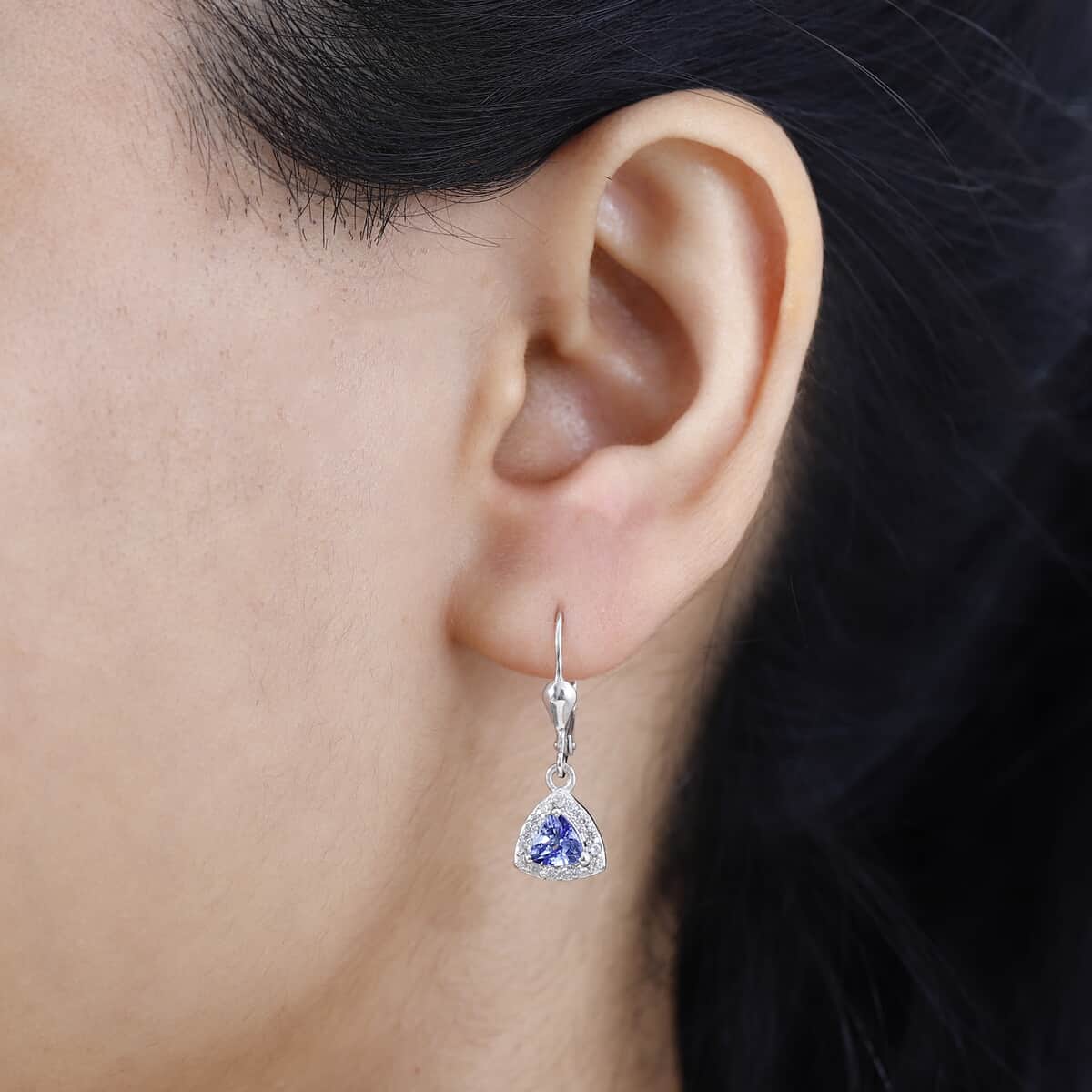 Tanzanite and White Zircon Lever Back Earrings in Platinum Over Sterling Silver 1.30 ctw image number 2