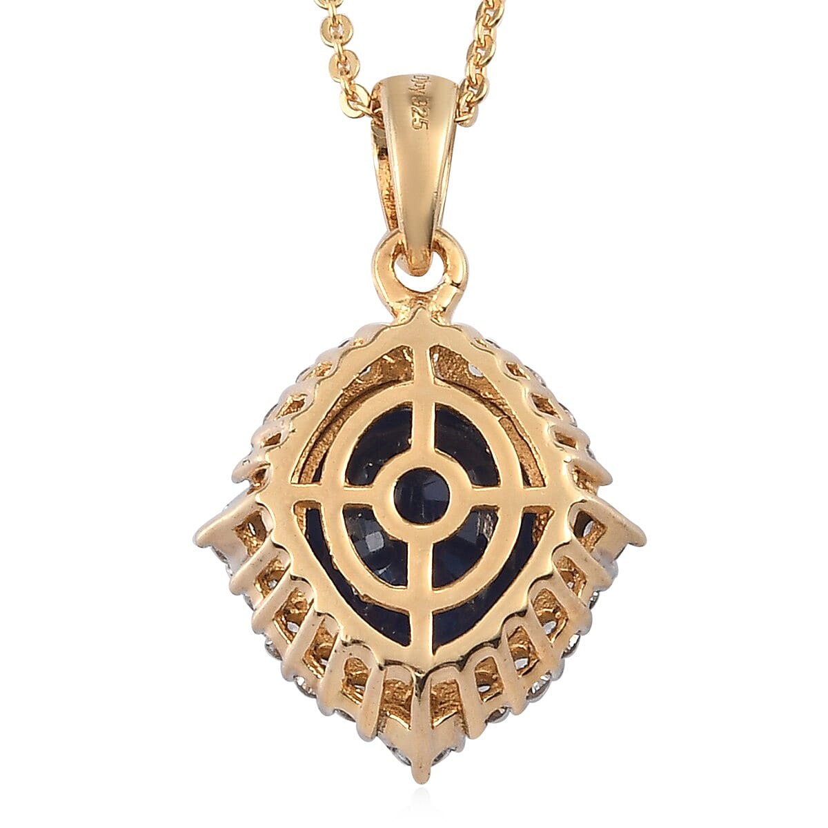 Masoala Sapphire and Zircon Halo Pendant Necklace 20 Inches in Vermeil Yellow Gold Over Sterling Silver 6.00 ctw