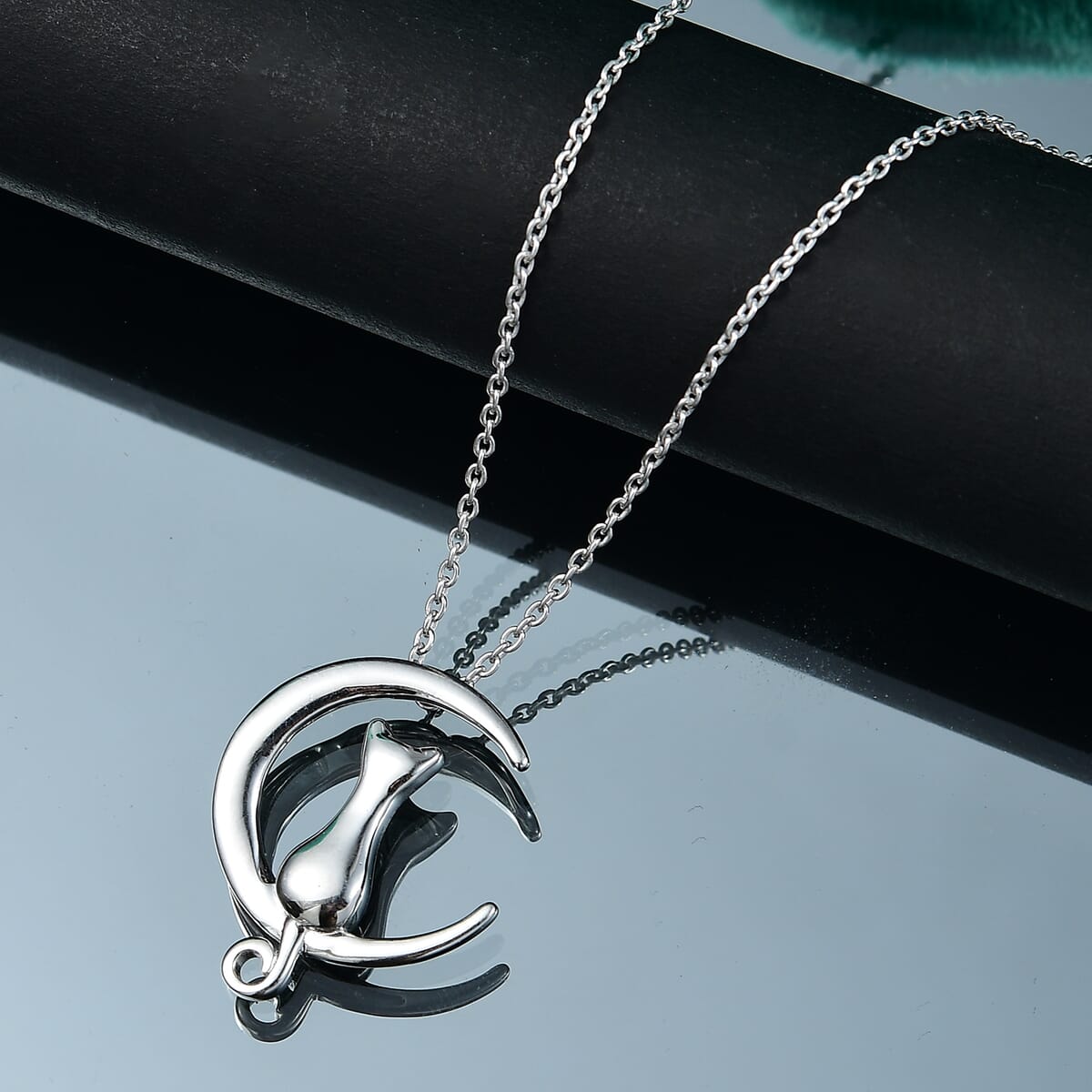 Cat on the Moon Pendant Necklace in Platinum Over Sterling Silver 18 Inches 5.30 Grams image number 1