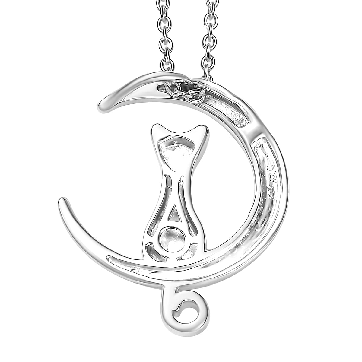 Cat on the Moon Pendant Necklace in Platinum Over Sterling Silver 18 Inches 5.30 Grams