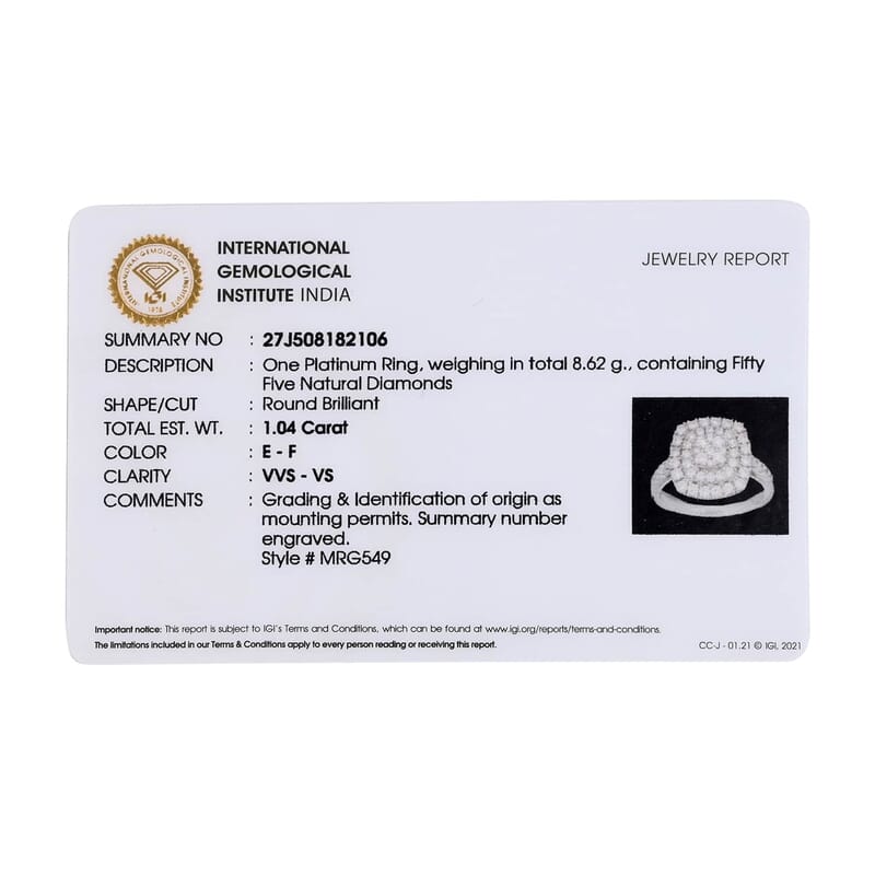 IGI Certified Rhapsody 950 Platinum Diamond E-F VS Cluster Ring (Size 10.0) 8.10 Grams 1.00 ctw