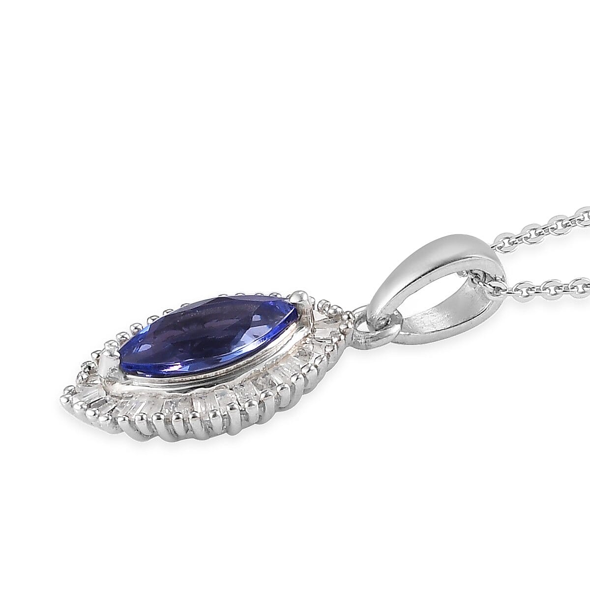 Elongated Tanzanite and Diamond Pendant Necklace 20 Inches in Platinum Over Sterling Silver 1.25 ctw image number 3