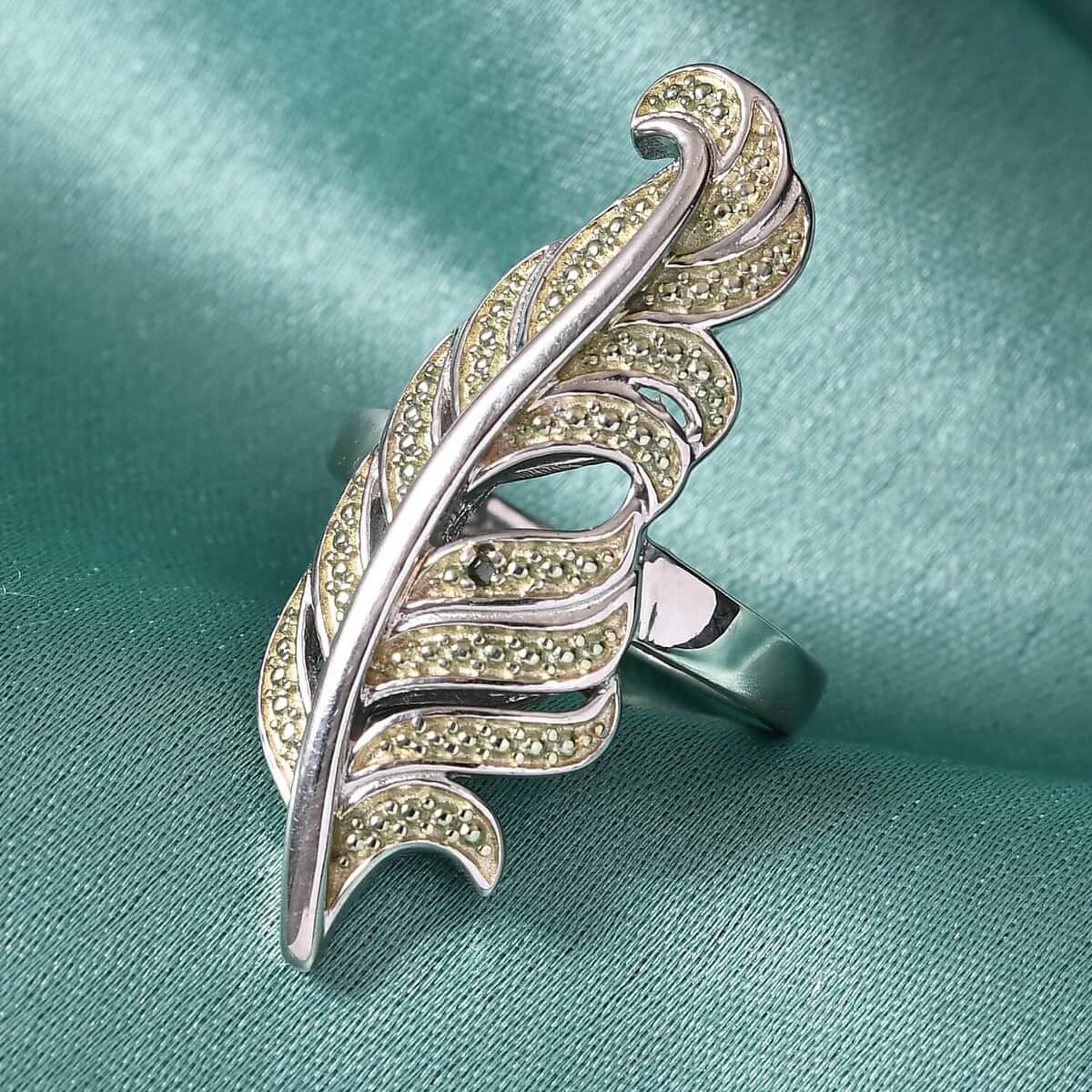 Green Diamond Accent Feather Ring in Platinum Over Copper image number 1