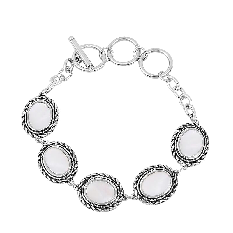 White Mother Of Pearl Station Bracelet in Stainless Steel (7.5-9.5In)