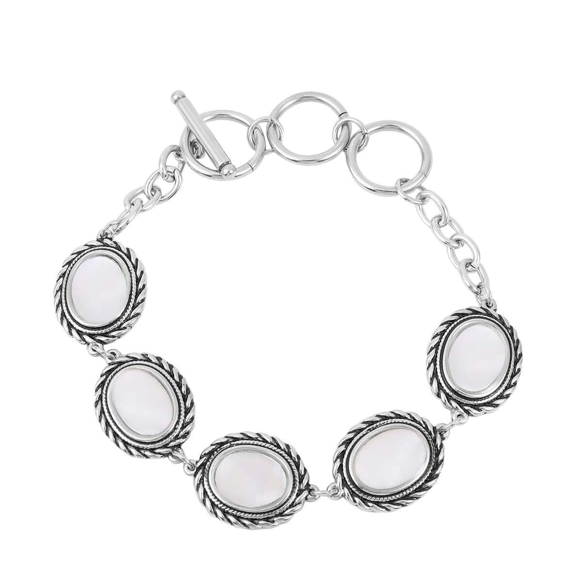 White Mother Of Pearl Station Bracelet in Stainless Steel (7.5-9.5In) image number 0