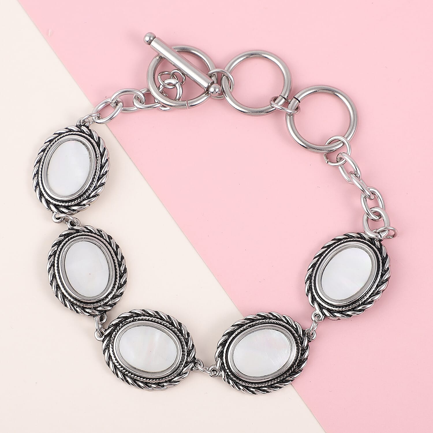 White Mother Of Pearl Station Bracelet in Stainless Steel (7.5-9.5In)