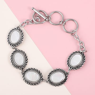 White Mother Of Pearl Station Bracelet in Stainless Steel (7.5-9.5In)