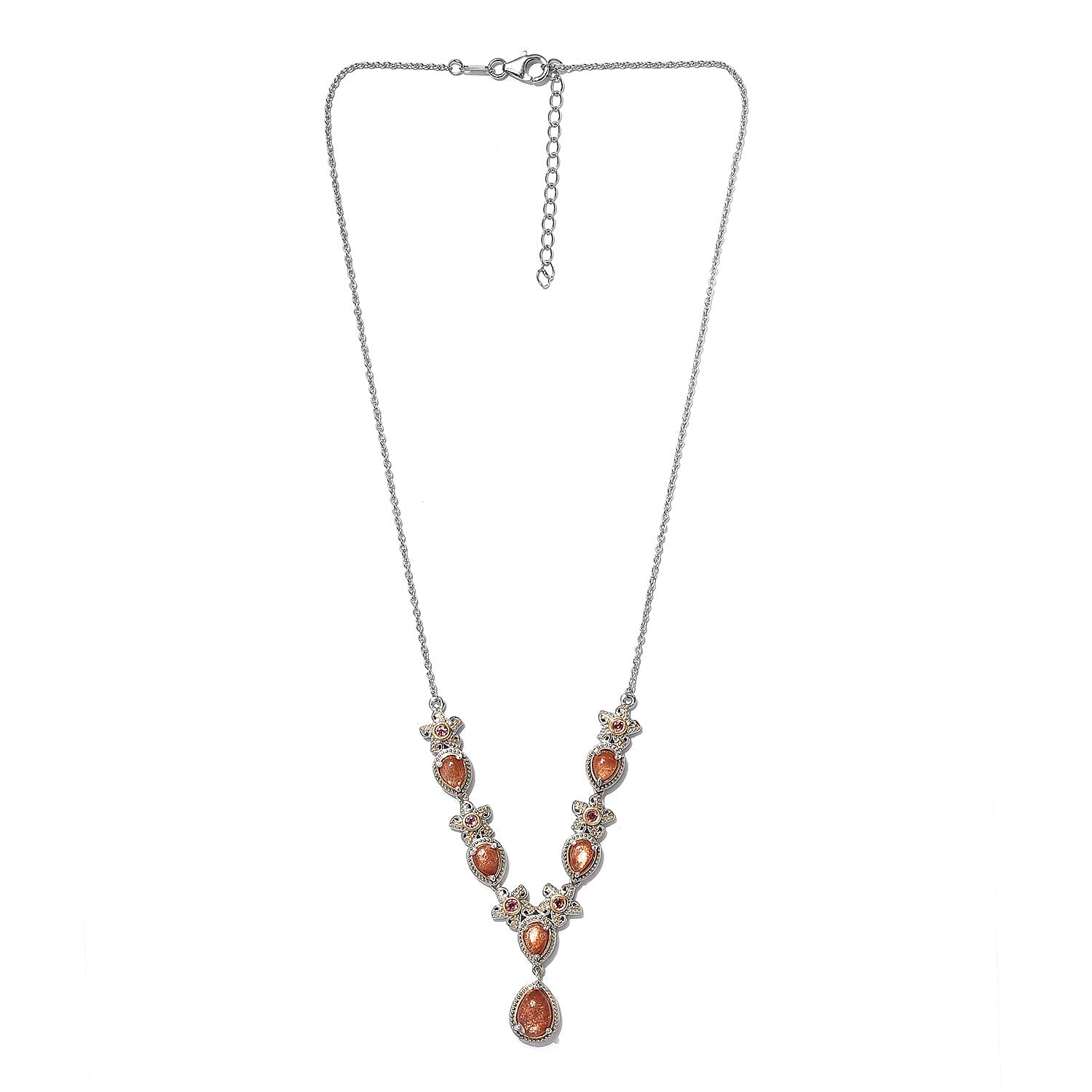 Korevora Sunstone and Orissa Rose Garnet Floral Necklace 18 Inches in Platinum Over Sterling Silver 5.90 ctw