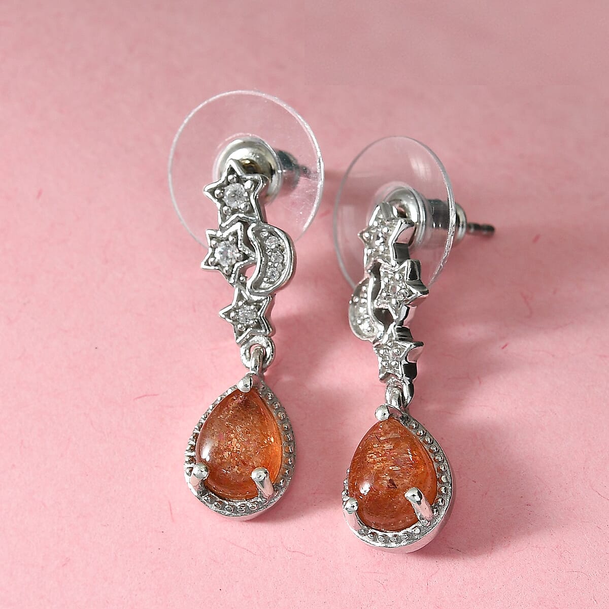 Korevora Sunstone and White Zircon Celestial Dangle Earrings in Platinum Over Sterling Silver 2.40 ctw image number 1