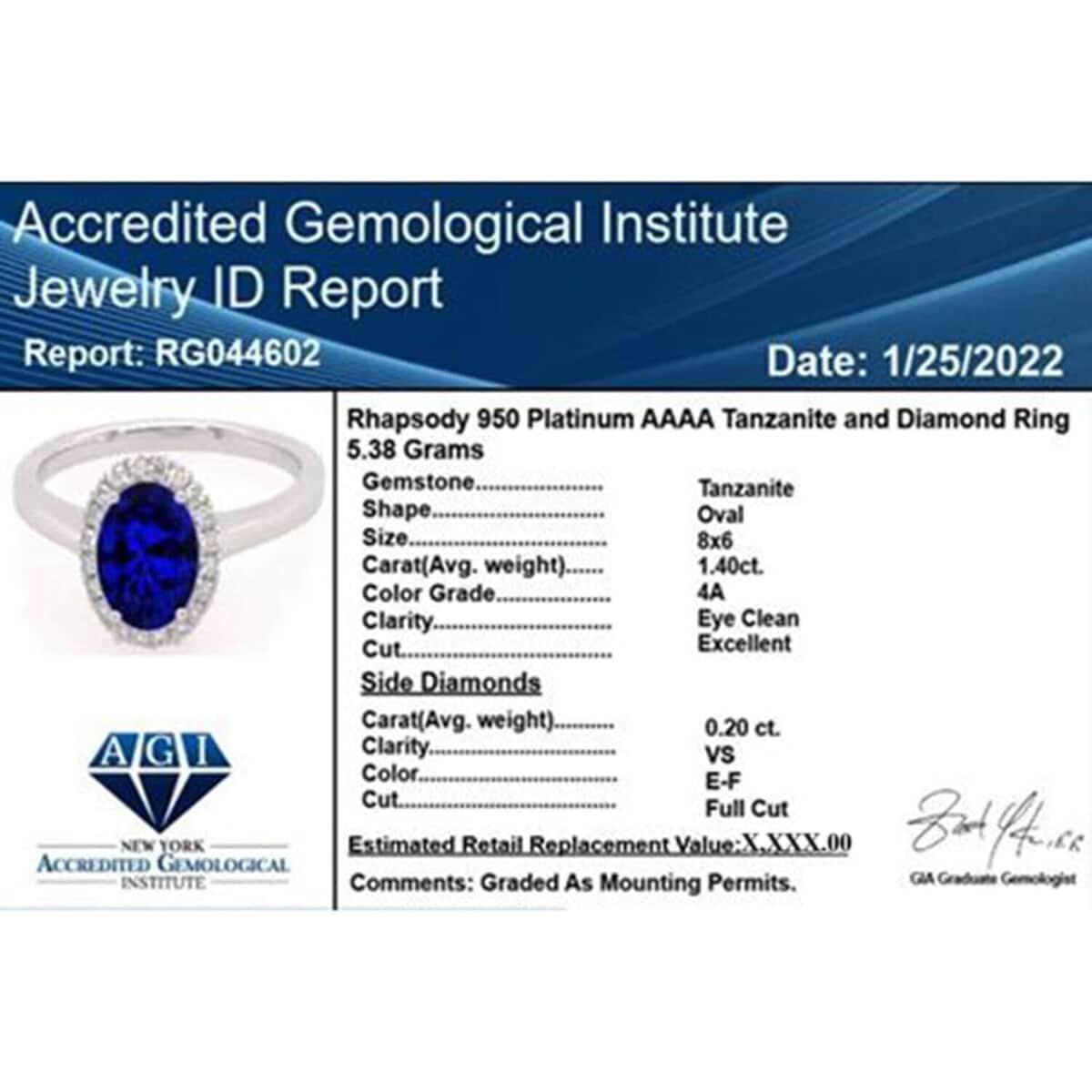 Certified & Appraised Rhapsody AAAA Tanzanite and E-F VS Diamond 1.60 ctw Halo Ring in 950 Platinum (Size 7.5) 5.40 Grams image number 5