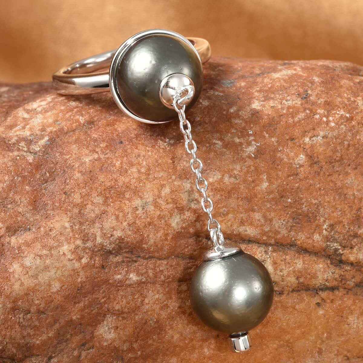 Tahitian Pearl, White Zircon Ring in Rhodium Over Sterling Silver (Size 10.0) image number 1