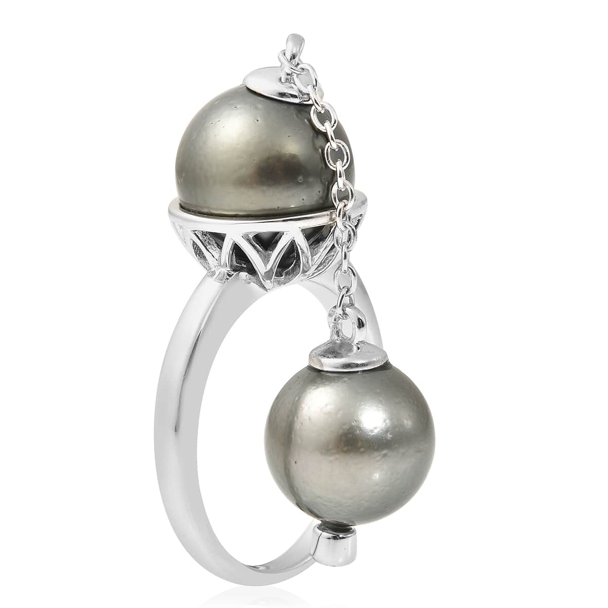 Tahitian Pearl, White Zircon Ring in Rhodium Over Sterling Silver (Size 10.0) image number 3