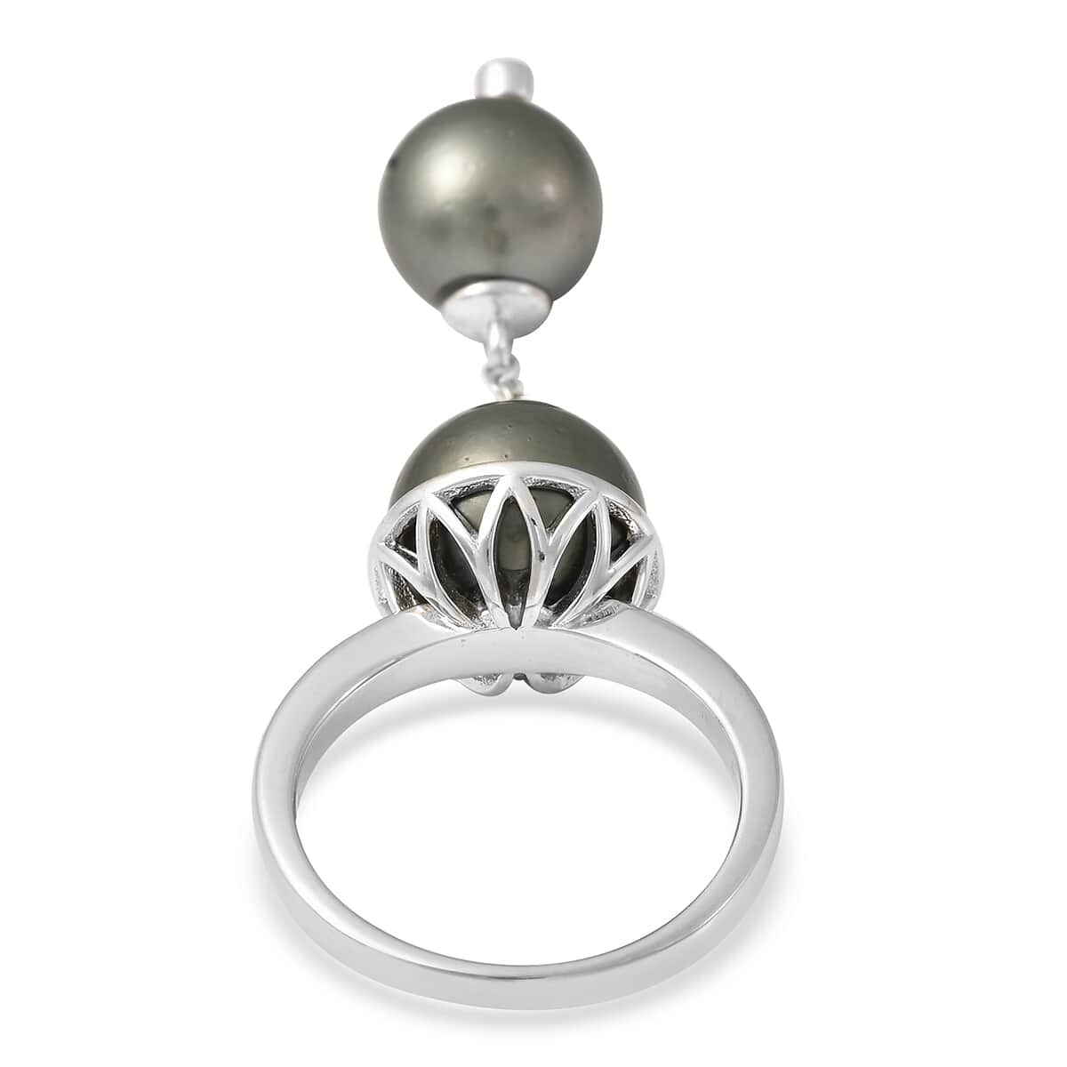 Tahitian Cultured Pearl and White Zircon Ring in Rhodium Over Sterling Silver (Size 7.0) image number 4