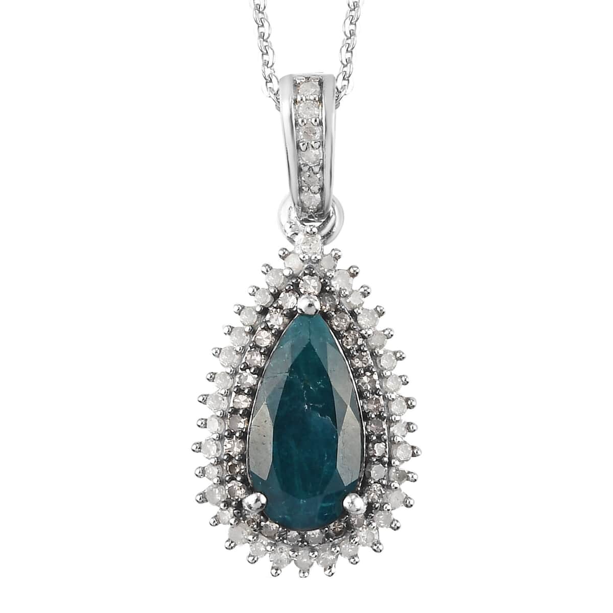 Teal Grandidierite and Natural Champagne and White Diamond Drop Pendant Necklace 20 Inches in Platinum Over Sterling Silver 2.35 ctw image number 0