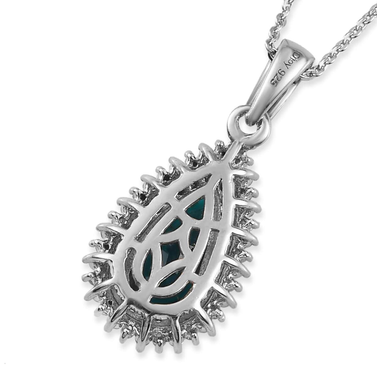 Teal Grandidierite and Natural Champagne and White Diamond Drop Pendant Necklace 20 Inches in Platinum Over Sterling Silver 2.35 ctw image number 3