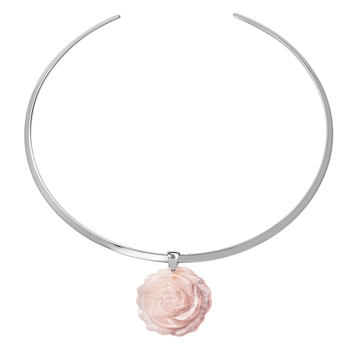 Galilea Rose Quartz Carved Rose Pendant with Choker Necklace 15 Inches in Stainless Steel 55.00 ctw image number 0