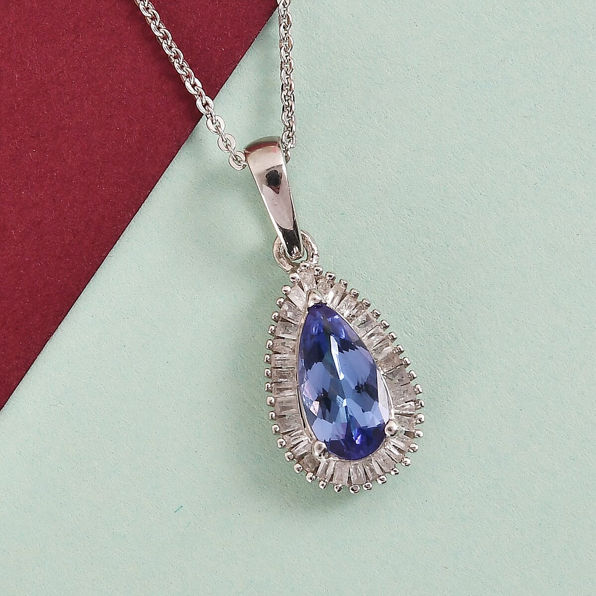 Elongated Tanzanite and Diamond Pendant Necklace 20 Inches in Platinum Over Sterling Silver 1.25 ctw image number 1