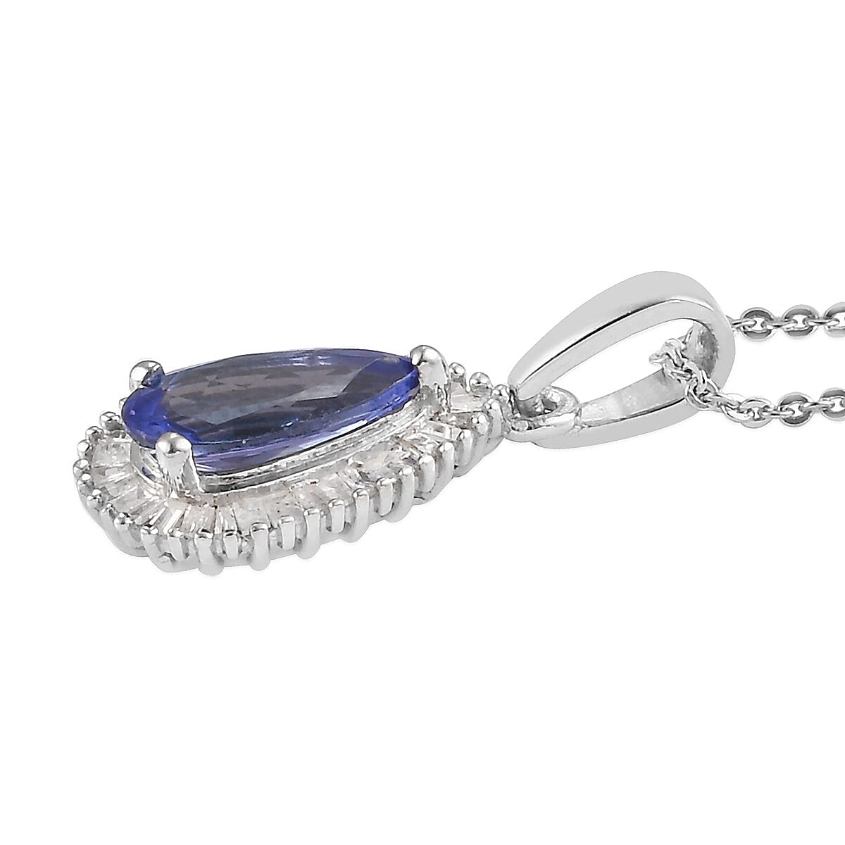 Elongated Tanzanite and Diamond Pendant Necklace 20 Inches in Platinum Over Sterling Silver 1.25 ctw image number 3