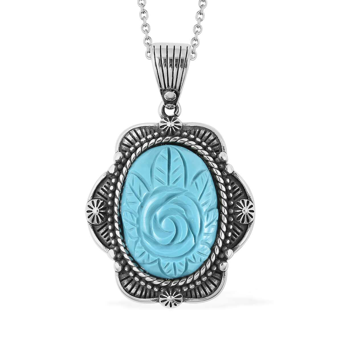 Blue Howlite Carved Rose Pendant Necklace 20 Inches in Stainless Steel 20.00 ctw image number 0
