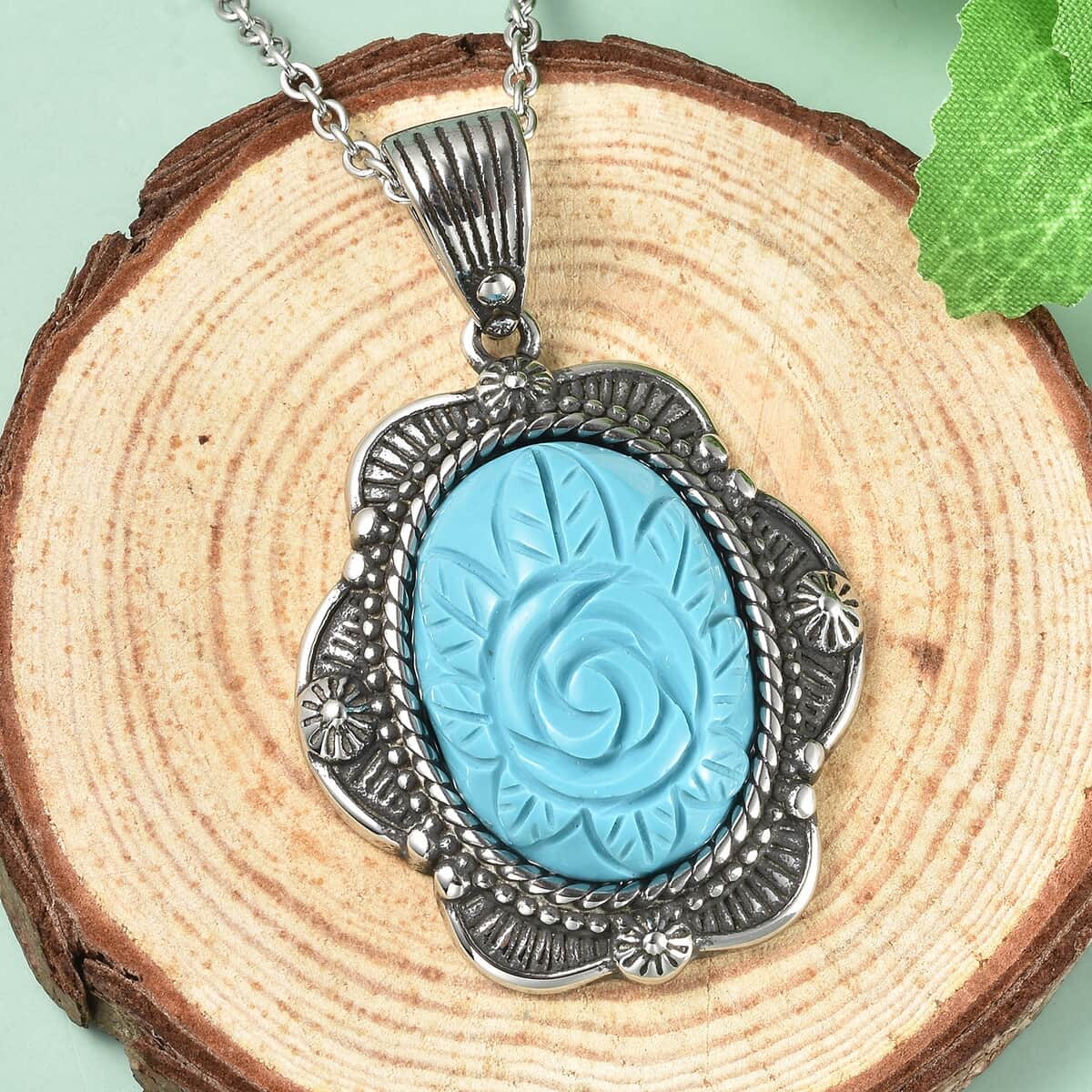 Blue Howlite Carved Rose Pendant Necklace 20 Inches in Stainless Steel 20.00 ctw image number 1