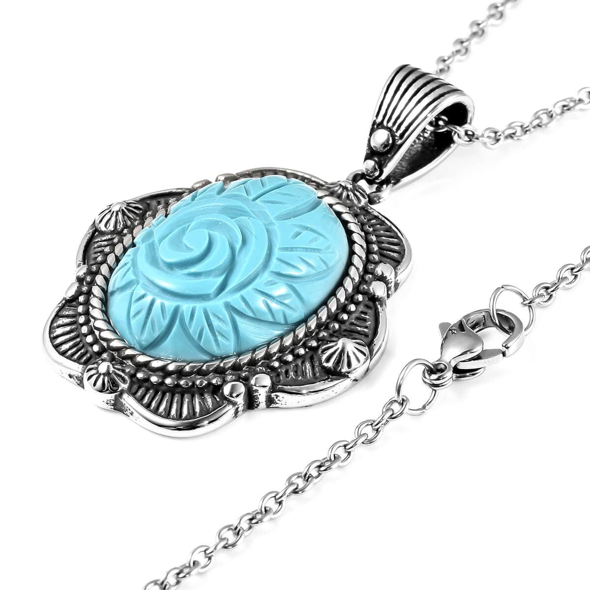 Blue Howlite Carved Rose Pendant Necklace 20 Inches in Stainless Steel 20.00 ctw image number 3