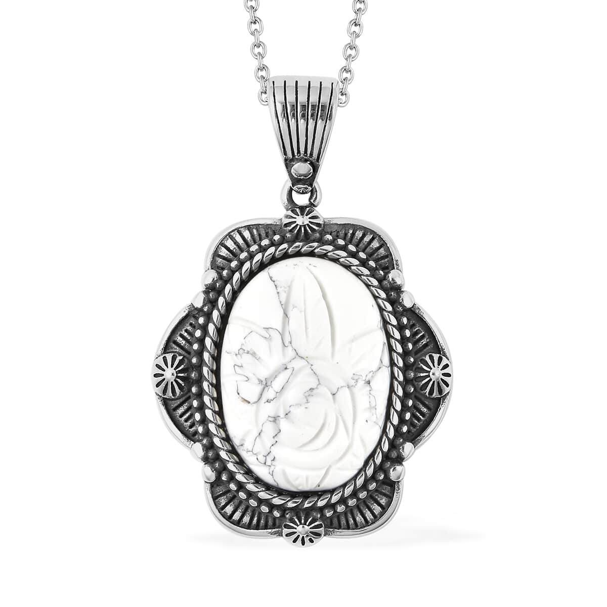 White Howlite Carved Rose Pendant Necklace 20 Inches in Stainless Steel 20.00 ctw image number 0