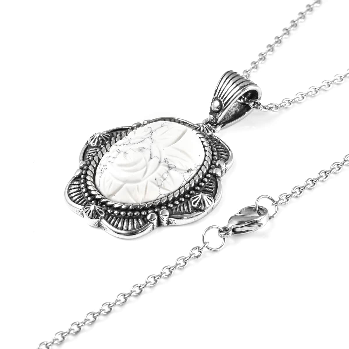 White Howlite Carved Rose Pendant Necklace 20 Inches in Stainless Steel 20.00 ctw image number 3