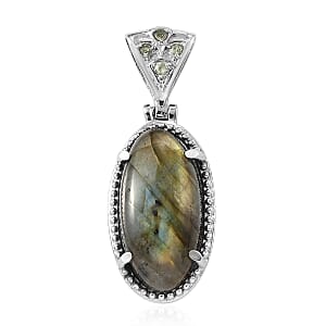 Malagasy Labradorite and Peridot Solitaire Pendant in Stainless Steel 10.25 ctw