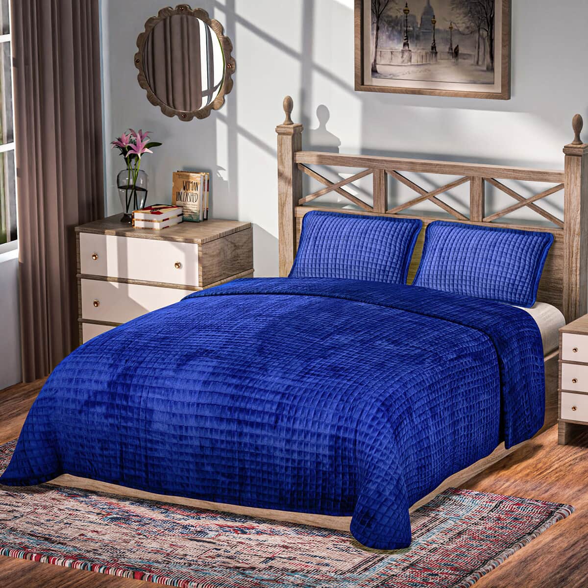 HOMESMART Blue Ultra Soft Crystal Velvet 3pcs Comforter Set - Queen image number 0