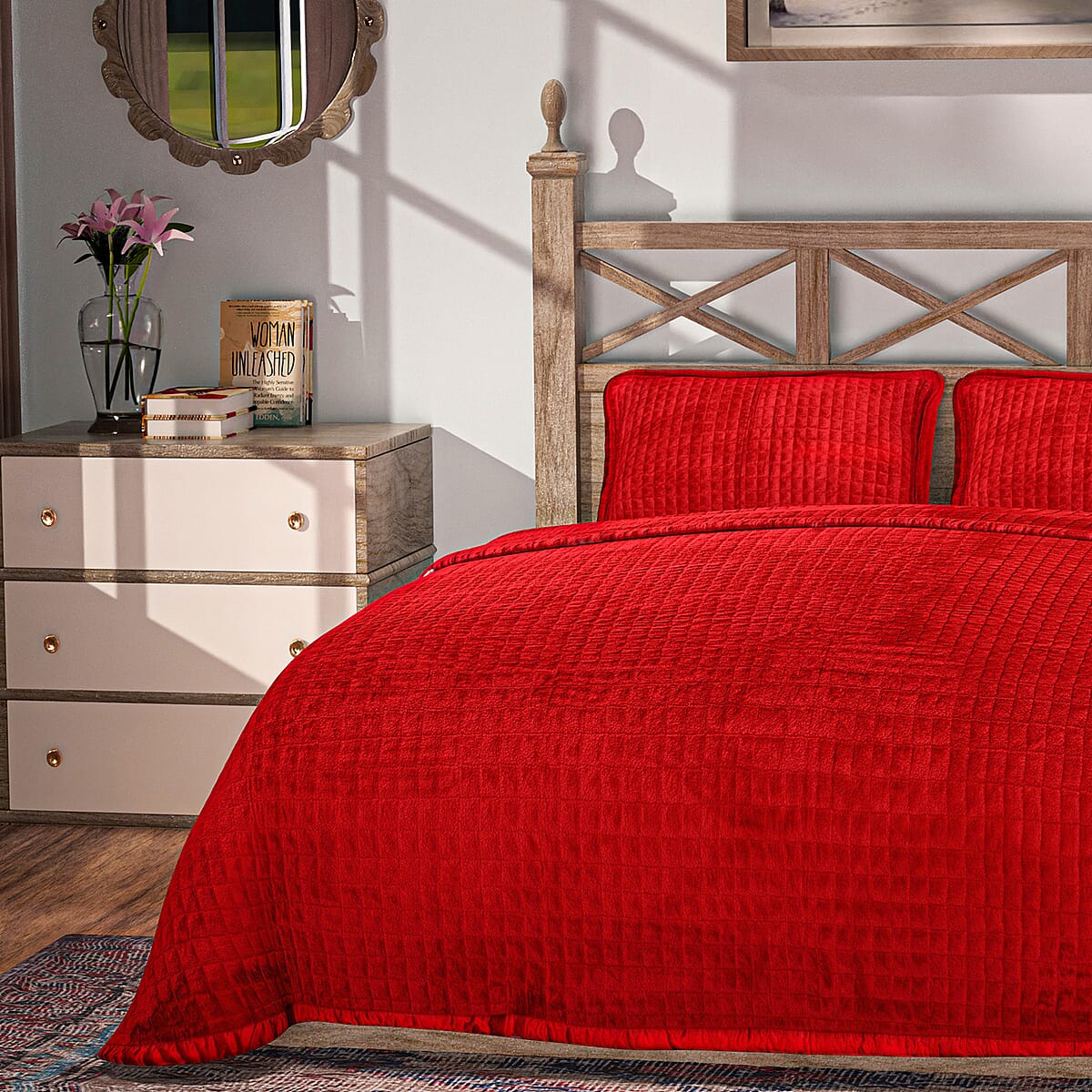 Homesmart Red Ultra Soft Crystal Velvet 3pcs Comforter Set - Queen image number 2