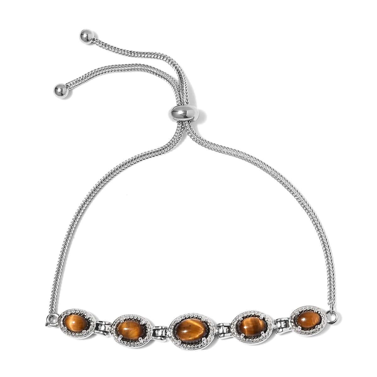 Tiger's Eye Bolo Bracelet in Stainless Steel| Adjustable Bracelet 4.21 ctw image number 0