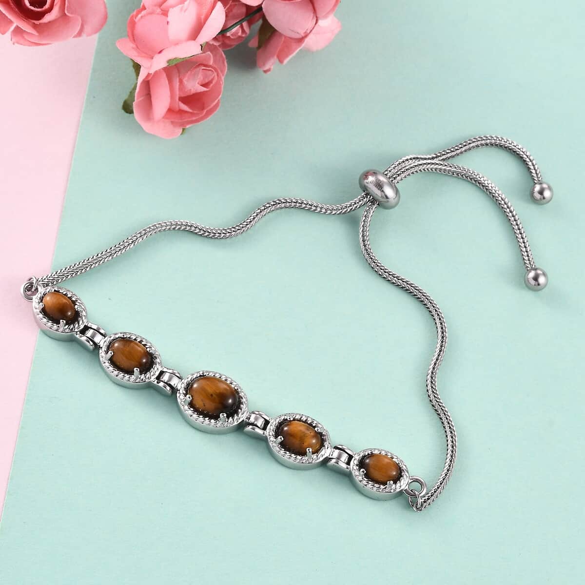 Tiger's Eye Bolo Bracelet in Stainless Steel| Adjustable Bracelet 4.21 ctw image number 1