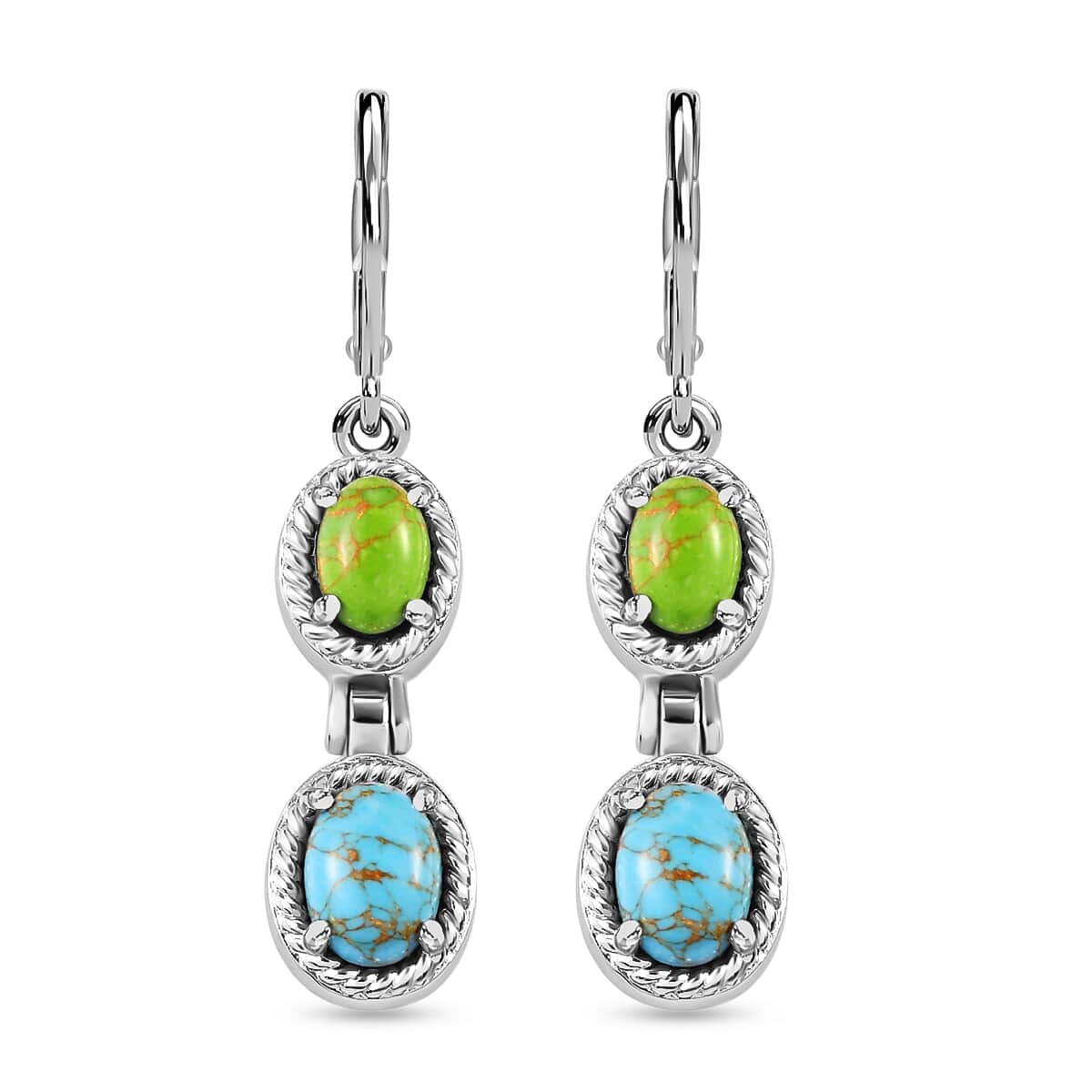 Mojave Blue and Green Turquoise Dangle Earrings in Stainless Steel 4.25 ctw image number 0