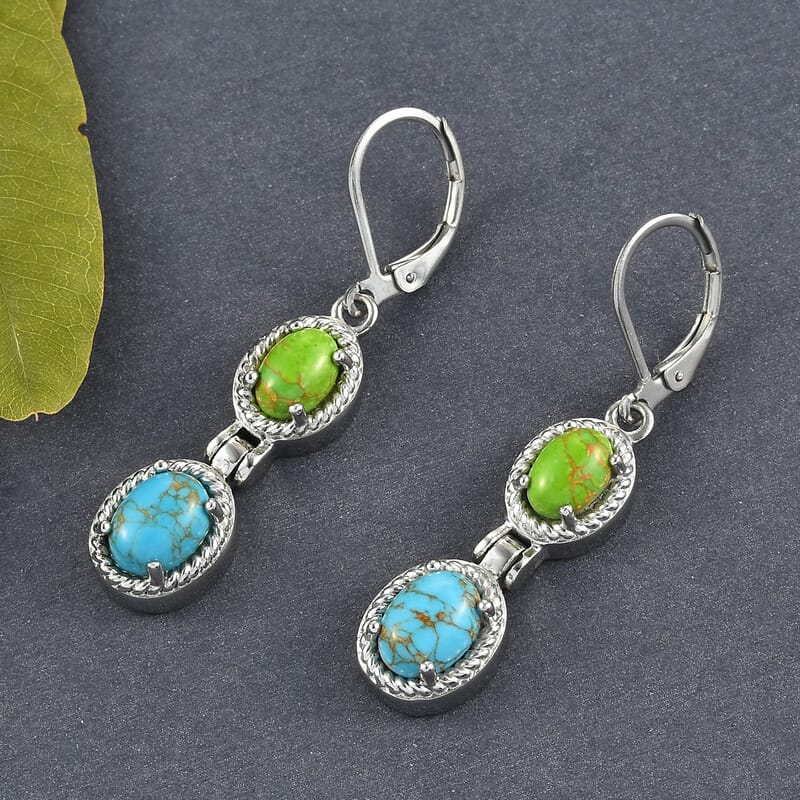 Mojave Blue and Green Turquoise Dangle Earrings in Stainless Steel 4.25 ctw