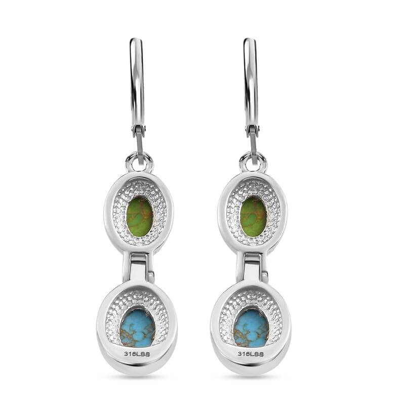 Mojave Blue and Green Turquoise Dangle Earrings in Stainless Steel 4.25 ctw