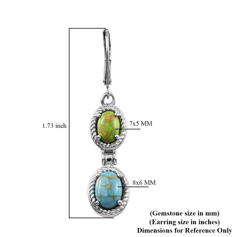 Mojave Blue and Green Turquoise Dangle Earrings in Stainless Steel 4.25 ctw