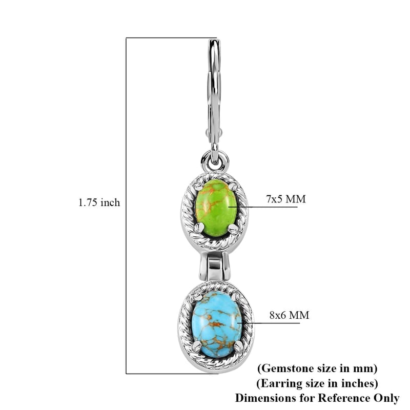 Mojave Blue and Green Turquoise Dangle Earrings in Stainless Steel 4.25 ctw