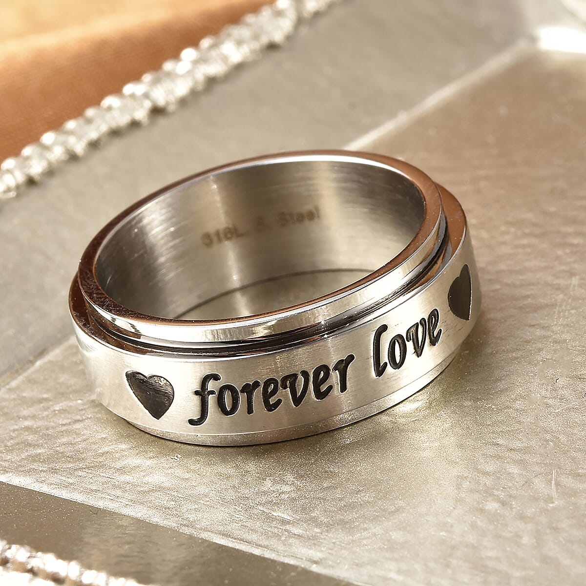 Forever Love Engraved Spinner Ring in Stainless Steel (Size 8.0) image number 1