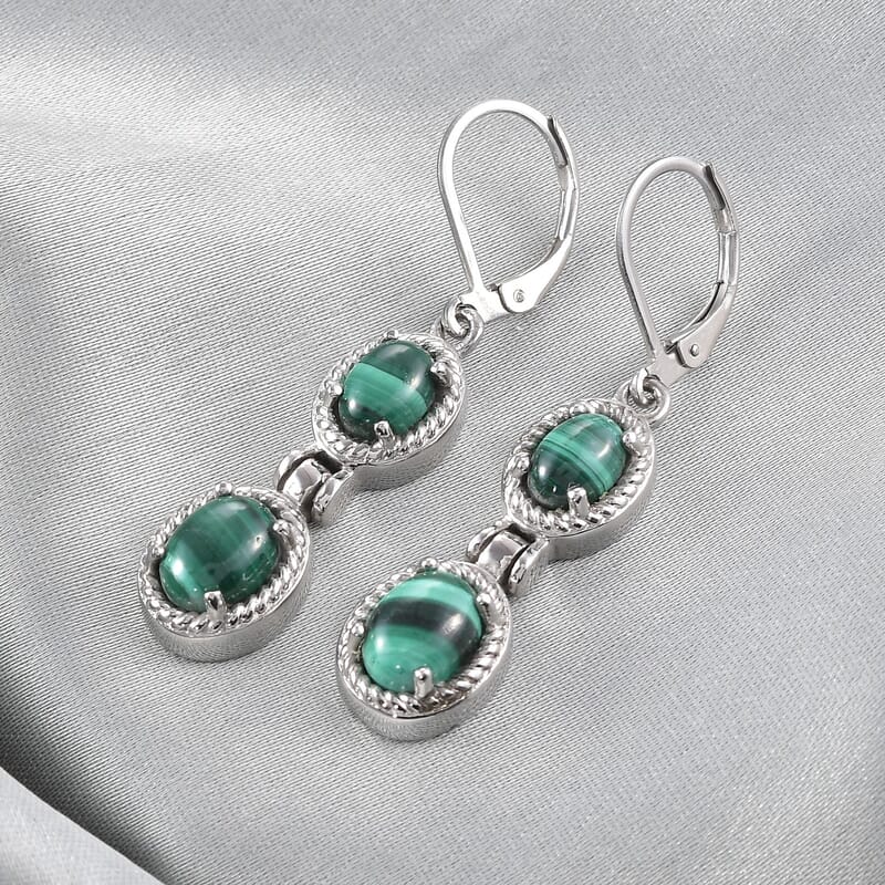 African Malachite Dangle Earrings in Stainless Steel 6.85 ctw