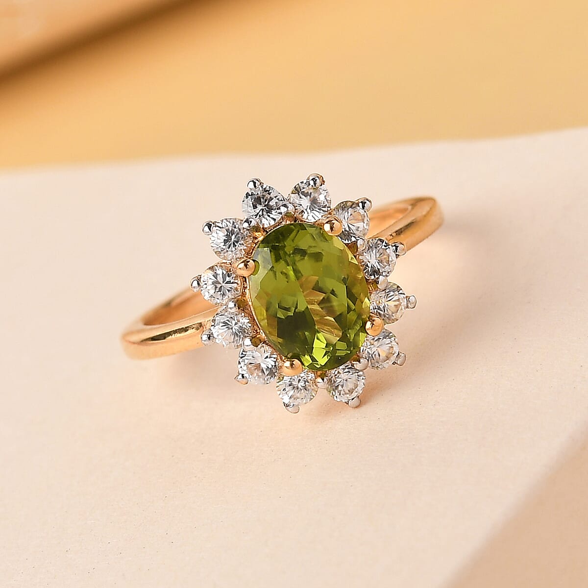 AMERICAN Natural Arizona Peridot and White Zircon Sunburst Ring in Vermeil Yellow Gold Over Sterling Silver (Size 7.0) 2.20 ctw image number 1